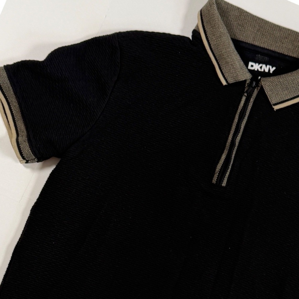 DKNY Quarter Zip Polo Shirt Mens Small Black Textured Short Sleeve Striped Trim